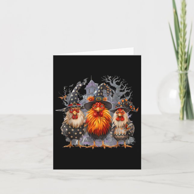 Tarjeta Retro House Chickens Witch Halloween Spooky Otoño (Anverso)