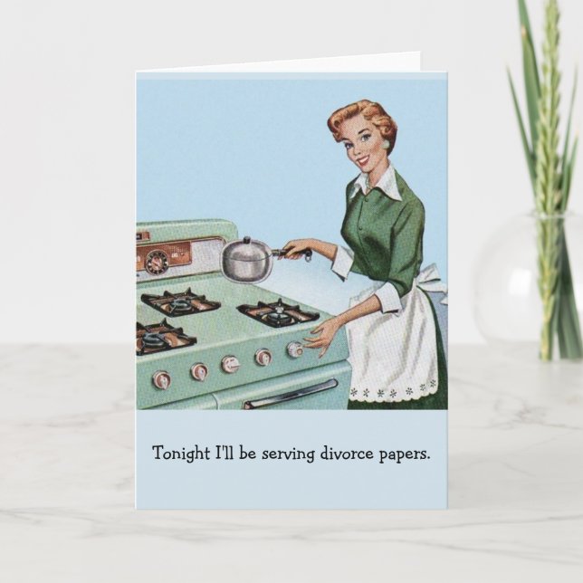Tarjeta Retro Housewife - Sirviendo papeles de divorcio, (Anverso)