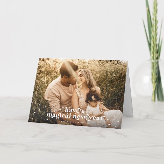 Tarjeta Retro moderno tiene una mágica foto de Año Nuevo (Anverso)