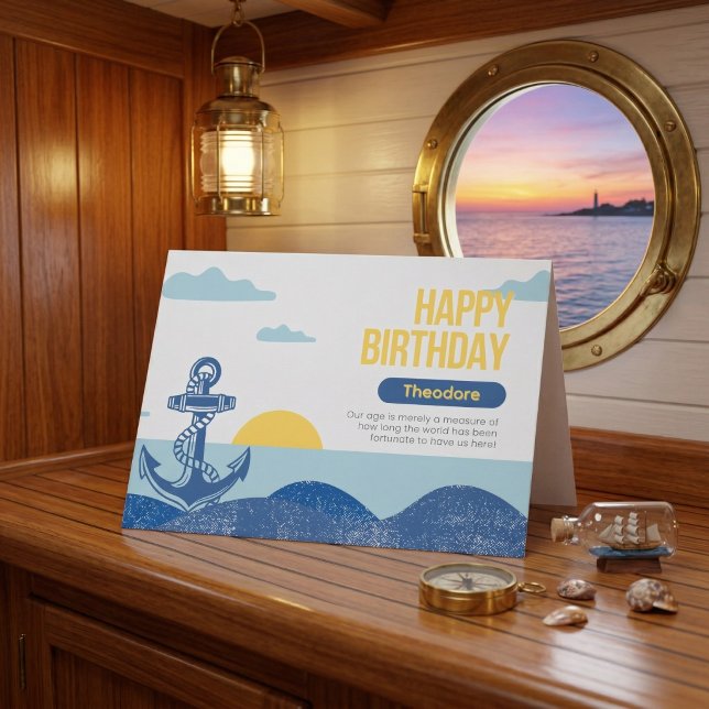 Tarjeta Retro Nautical Anchor & Sun Personalized Birthday  (Set sail on your celebration.)
