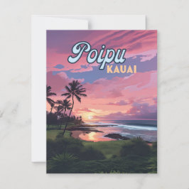 Tarjeta Retro Poipu Kauai Hawaii Beach Palm Trees
