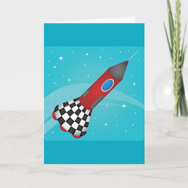 Tarjeta Retro Red Rocket Ship in Space Galactic (Anverso)