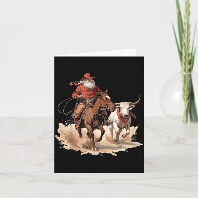 Tarjeta Retro Santa Rodeo Reindeer Cowboy Western Horse Hi (Anverso)