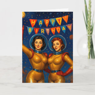 Tarjeta Retro Space Babes Cumpleaños Vintage Pin-Up