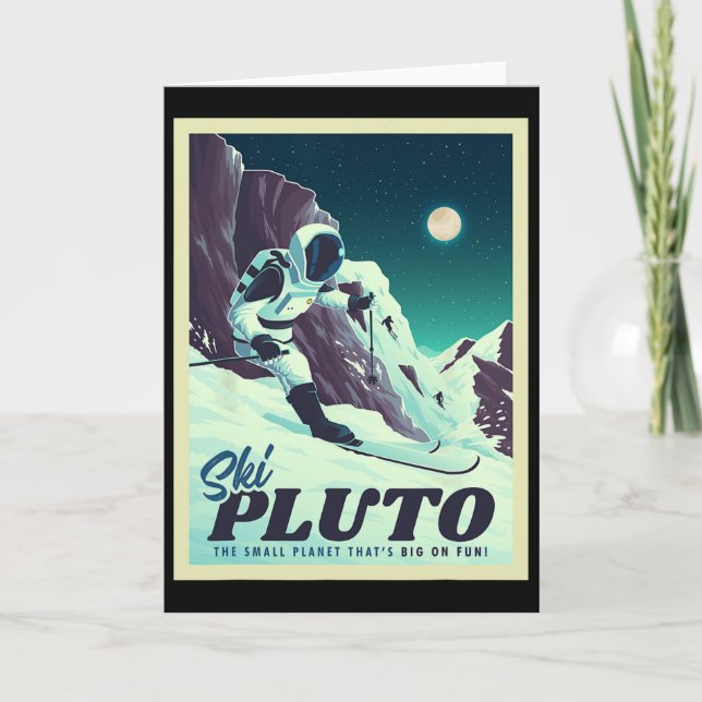 Tarjeta Retro Space Tourism Ski Pluto Skiing Skier  (Anverso)
