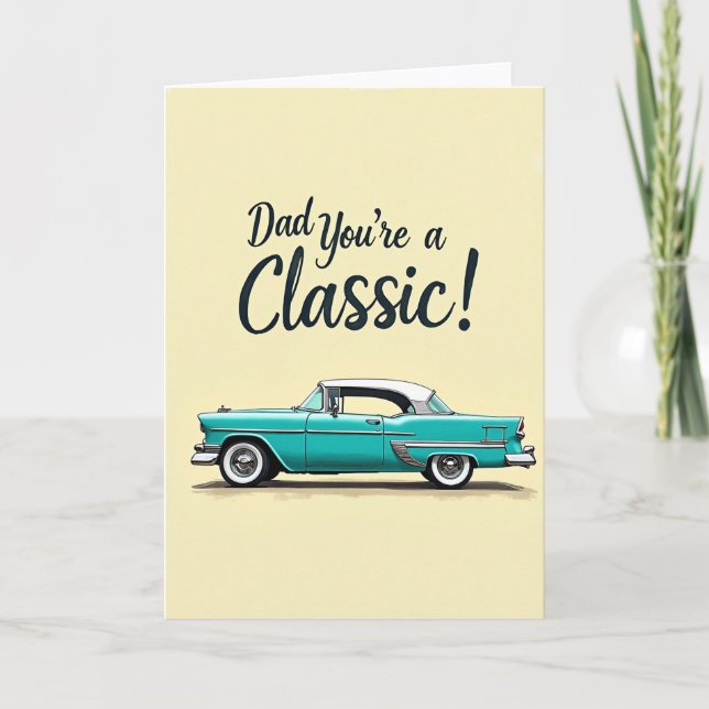 Tarjeta Retro Verde Azul Día del Padre Auto (Anverso)