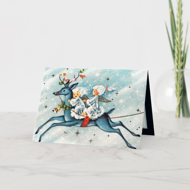 Tarjeta retro vintage Christmas Angel sentimiento de reno (Anverso)