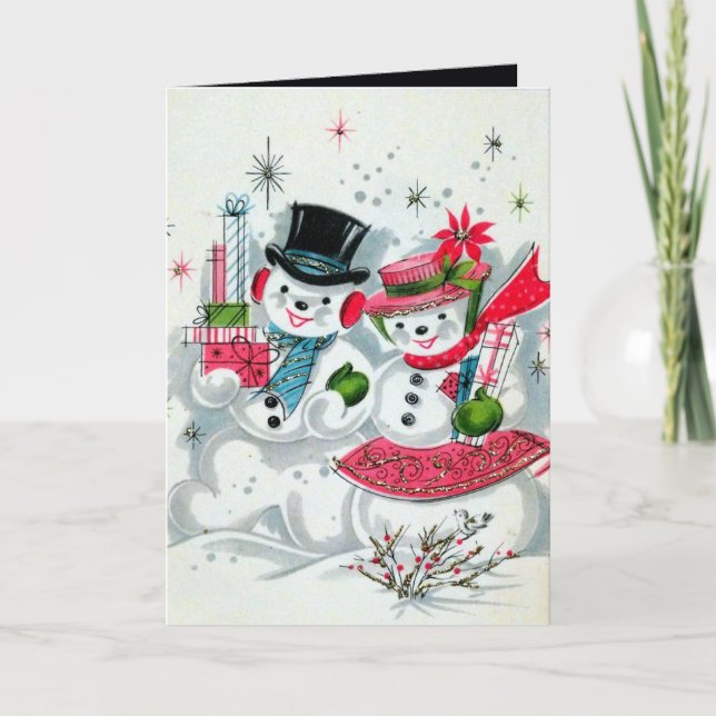 Tarjeta retro vintage navidad pareja de nieve (Anverso)