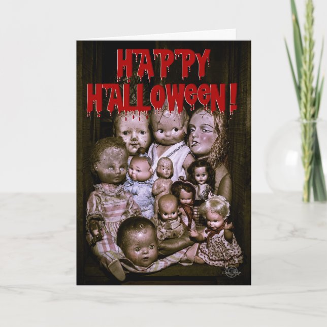 Tarjeta Reunión de espeluznantes muñecas de Halloween. (Anverso)