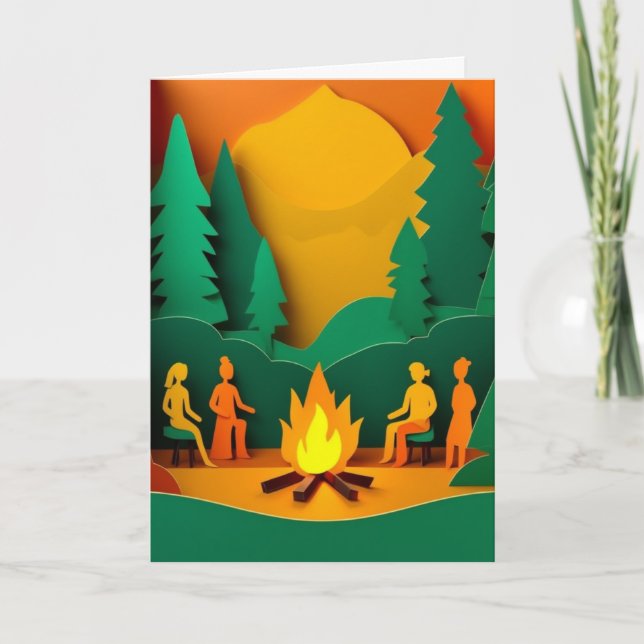 Tarjeta Reunión de Fuego al Atardecer en el Bosque (Anverso)