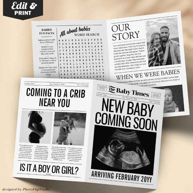Tarjeta Revelación de embarazos en periódicos de Invitació (Custom Baby Announcement Newspaper Card, Unique Pregnancy Reveal Newspaper card)