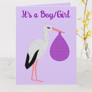 Tarjeta Revelación de género de bebé neutro Morado Cigüeña