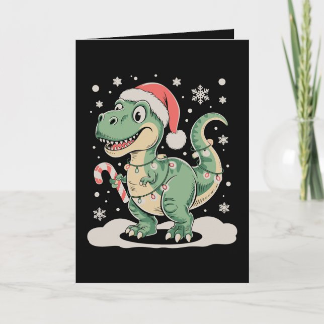 Tarjeta Rex de Navidad T Dinosaurio Gorro de Santa de Navi (Anverso)