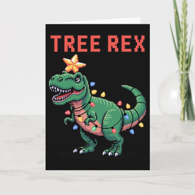 Tarjeta Rex del árbol suéter feo de Navidad Dinosaurio  (Anverso)