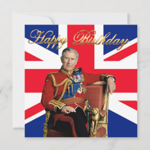 Tarjeta Rey Carlos III con bandera británica Feliz Cumplea
