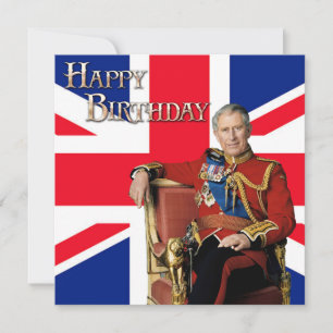 Tarjeta Rey Carlos III con bandera británica Feliz cumplea