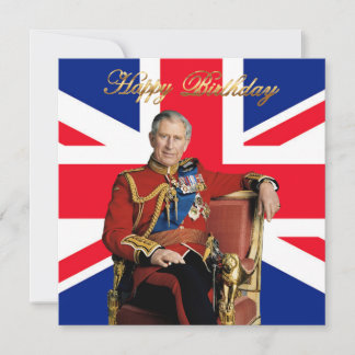 Tarjeta Rey Carlos III con bandera británica Feliz Cumplea