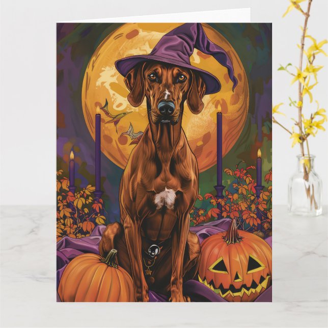Tarjeta Rhodesia Ridgeback Perro Halloween Calabaza de Bru (flor amarilla)