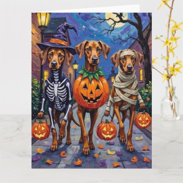 Tarjeta Rhodesian Ridgeback con disfraces de Halloween (flor amarilla)