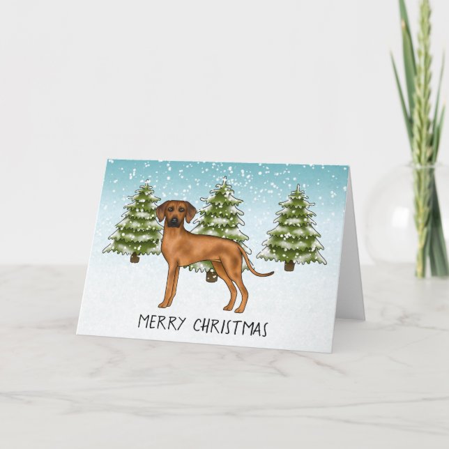 Tarjeta Rhodesian Ridgeback con texto Bosque invernal neva (Anverso)