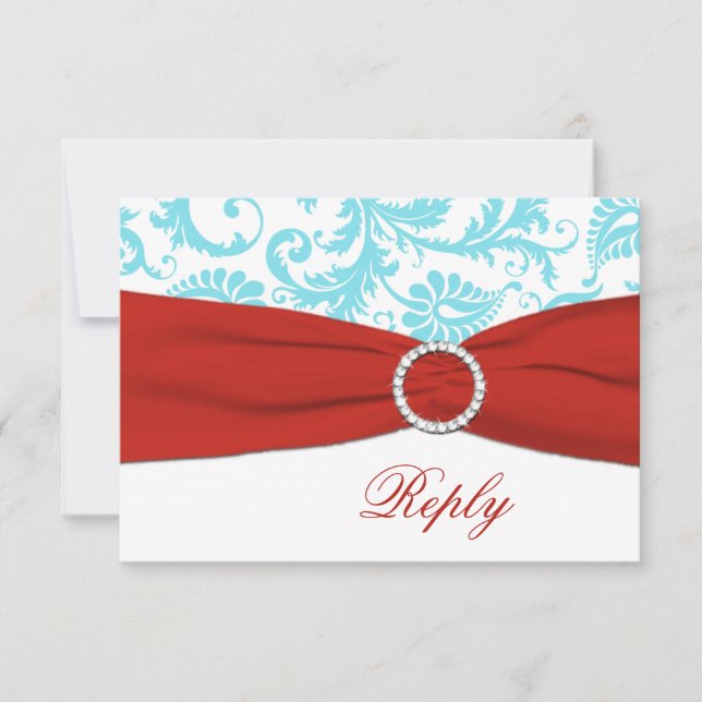 Tarjeta RIBBON Aqua, blanca, roja Damask RSVP (Anverso)