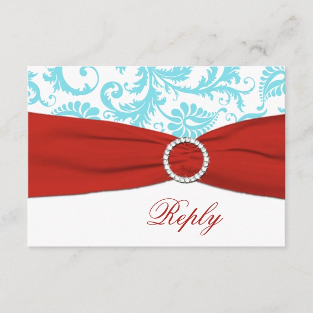 Tarjeta RIBBON Aqua, blanca, roja Damask RSVP (Anverso)