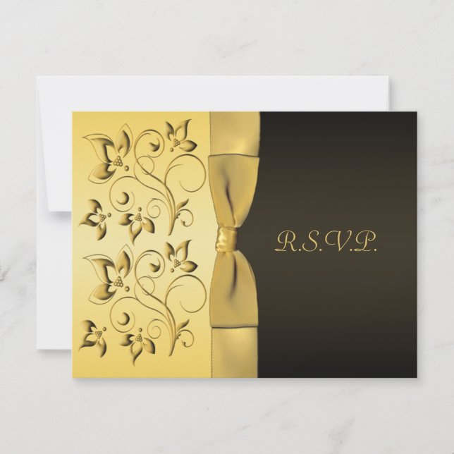 Tarjeta RIBBON Black, Gold Floral RSVP (Anverso)