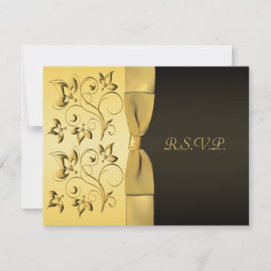 Tarjeta RIBBON Black, Gold Floral RSVP