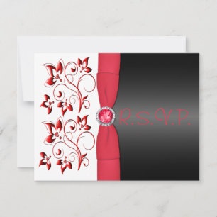 Tarjeta RIBBON RSVP rojo, negro, blanco floral