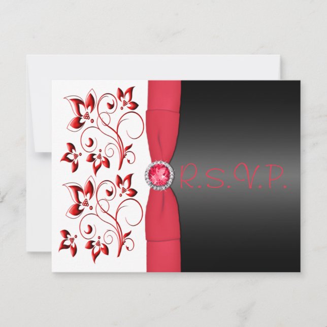 Tarjeta RIBBON RSVP rojo, negro, blanco floral (Anverso)
