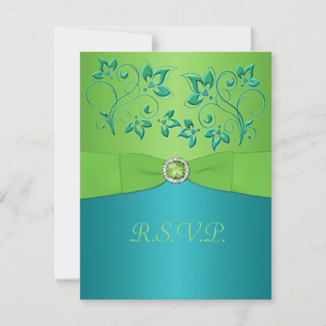 Tarjeta RIBBON Turquesa IMPRESA, Lime Floral RSVP (Anverso)