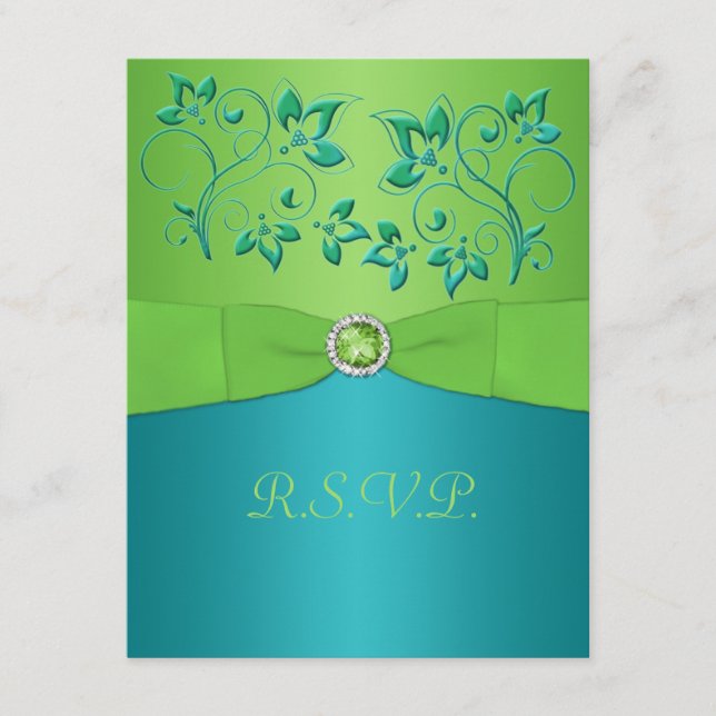 Tarjeta RIBBON Turquesa IMPRESA, Lime Floral RSVP (Anverso)