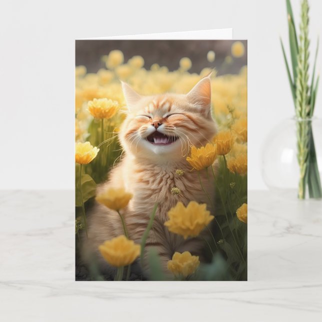 Tarjeta Ríe El Gatito De Cumpleaños En Flores (Anverso)