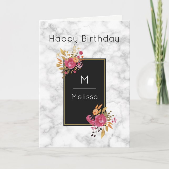 Tarjeta Rincones florales rosas en marco negro (Anverso)