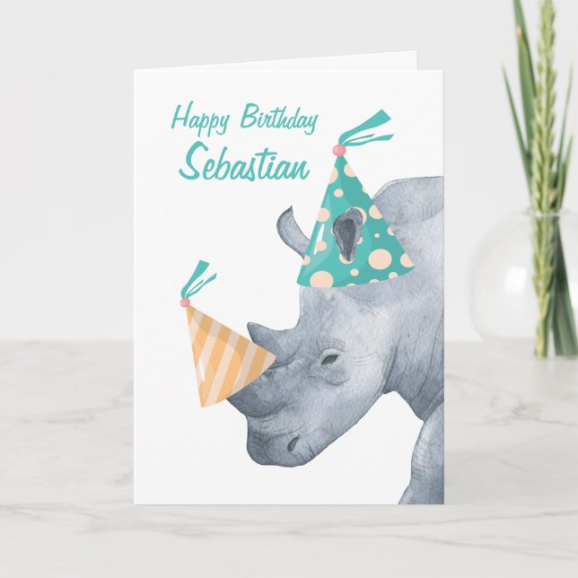 Tarjeta Rinoceronte de cumpleaños con Gorra Fiesta en Cuer (Anverso)