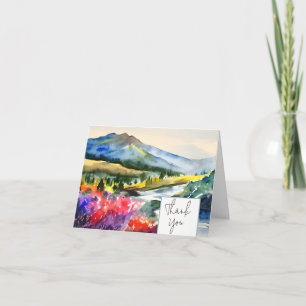 Tarjeta Río de montaña y flores en acuarela personalizable