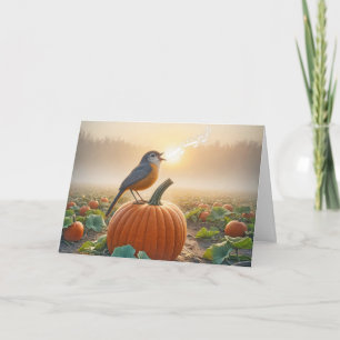 Tarjeta Robin de cumpleaños cantando en una calabaza