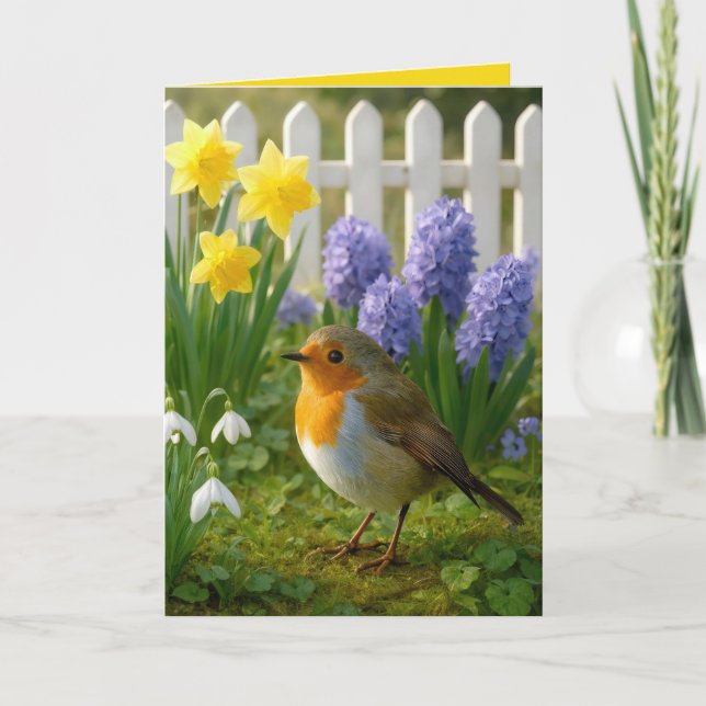 Tarjeta Robin de cumpleaños en un jardín primaveral (Anverso)