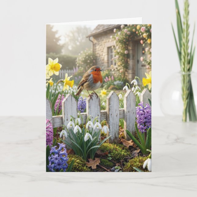 Tarjeta Robin de cumpleaños en una cerca de jardín (Anverso)