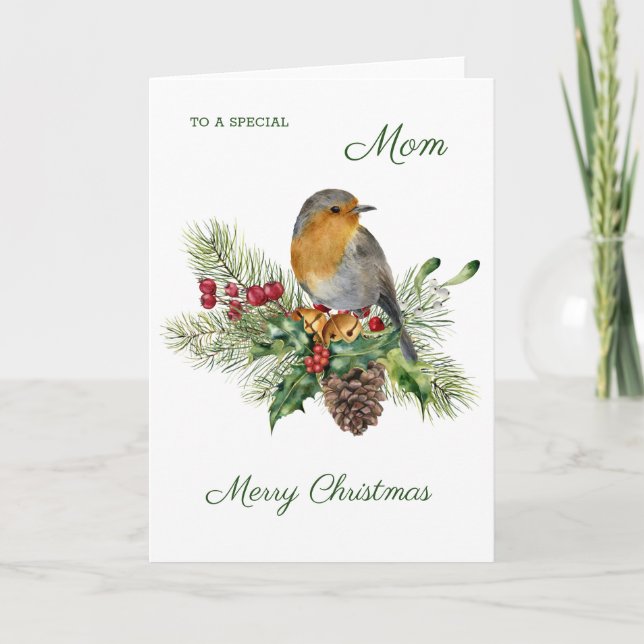 Tarjeta Robin, holly, pine - Mamá Navidades (Anverso)