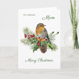 Tarjeta Robin, holly, pine - Mamá Navidades