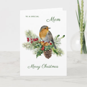 Tarjeta Robin, holly, pine - Mamá Navidades