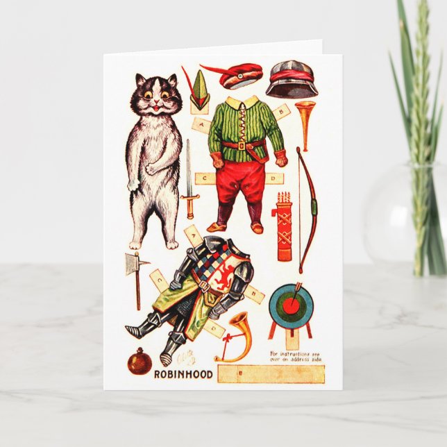 Tarjeta Robin Hood, muñeca de papel, Louis Wain (Anverso)