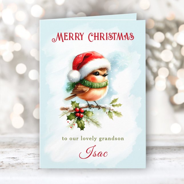 Tarjeta Robin lindo en los Navidades de los nietos de Sant (Cute Robin In Santa Hat Grandson Kids Christmas Card)