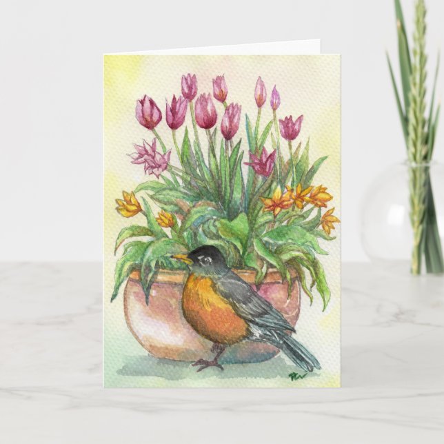 Tarjeta Robin y Tulips (Anverso)