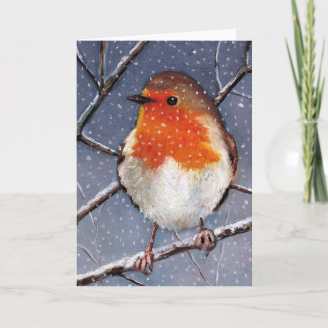TARJETA ROBINA INGLESA EN NIEVE: ARTE DE PASTEL PETROLERO (Anverso)