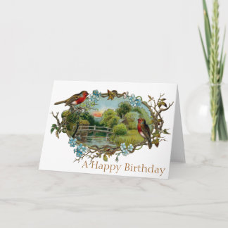 Tarjeta Robins de cumpleaños vintage y nomeolvides