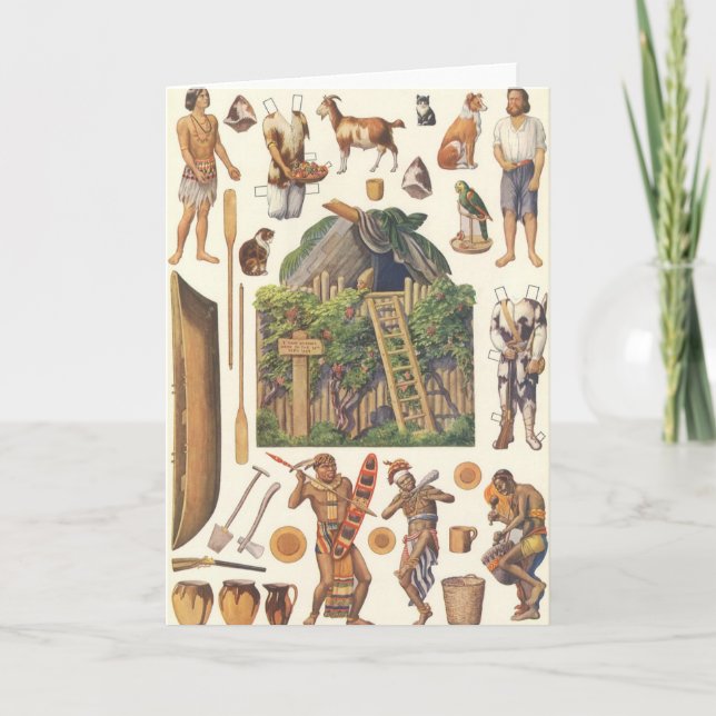 Tarjeta Robinson Crusoe, Juguetes de papel victoriano vint (Anverso)