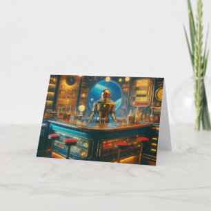 Tarjeta Robot Cantinero en Bar de Buceo de la Era Espacial