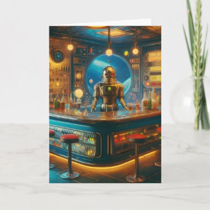 Tarjeta Robot Cantinero en Bar de Buceo de la Era Espacial